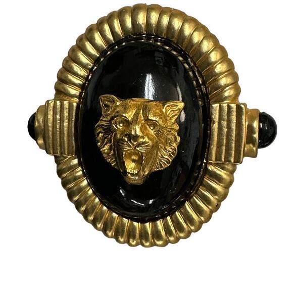 VTG Retro Lion Head Earrings Bold Black & Gold Clip on Mob Wife 1.75" - Picture 6 of 6